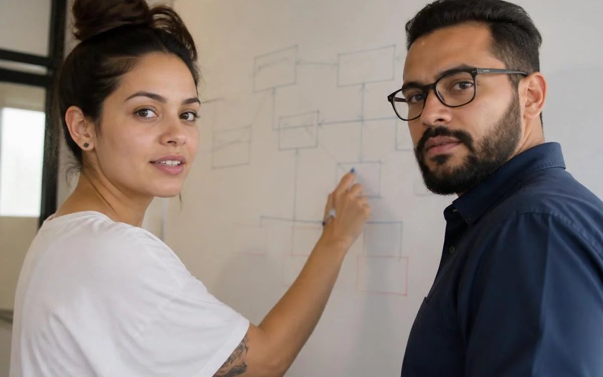 Dupla em pé diante do quadro branco, com um argumento rascunhado a caneta
