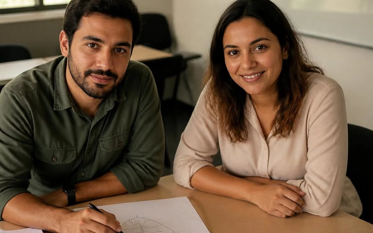Participantes revendo apontamentos num tablet apoiado sobre a mesa durante o intervalo